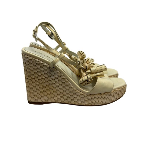 Prada Flower Patent Leather Woven Wedges - Picture 1 of 7